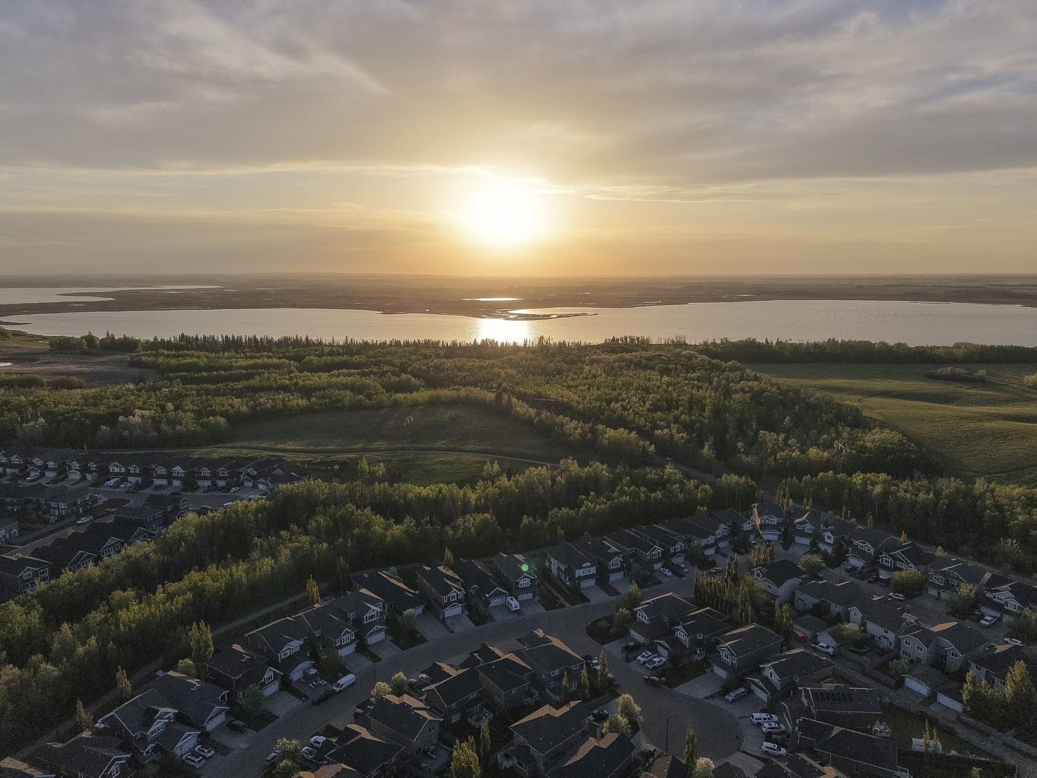Golden hour aerial view of a residential area